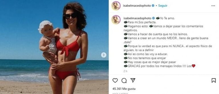 La reflexión de Isabel Macedo a quienes cuestionaron el cuerpo de su hija de siete meses