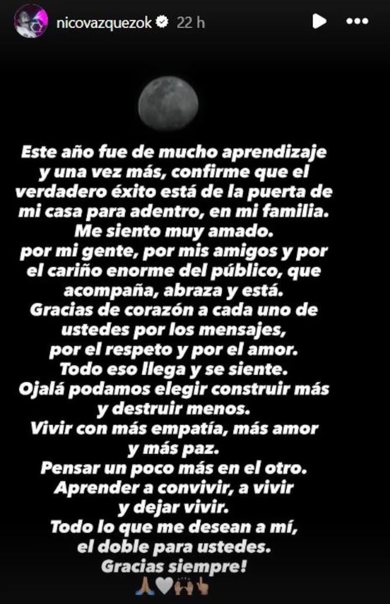 La reflexión de Nico Vázquez en Instagram.