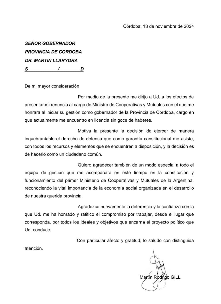 La renuncia presentada por Martín Gill al gobernador Llaryora.