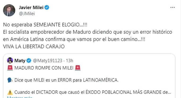 La respuesta de Javier Milei a Nicolás Maduro. (Foto: captura de X/@JMilei).