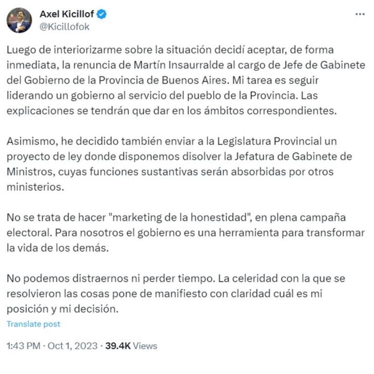 La respuesta de Kicillof tras el escándalo de Insaurralde 