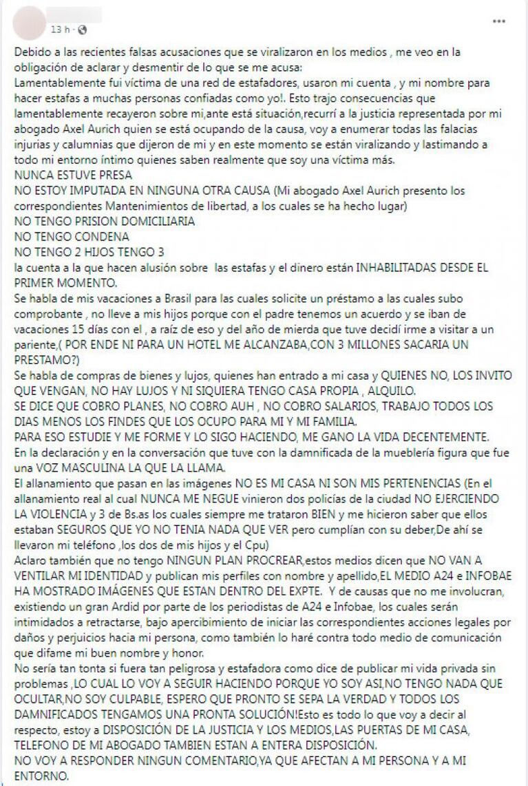 La respuesta de la cordobesa acusada por estafas de "tres millones de pesos al día"