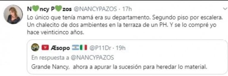 La respuesta de Nancy Pazos tras negarse al tratamiento de plasma para su madre