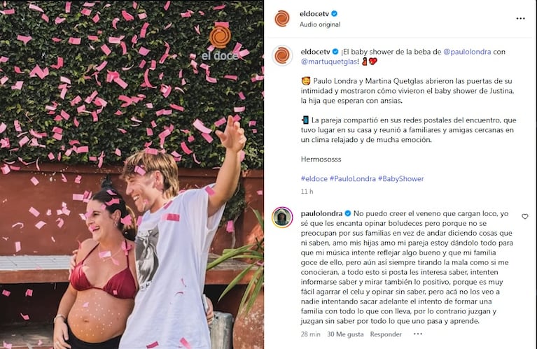 La respuesta de Paulo Londra a las críticas de los haters por el babyshower de su hija Justina.