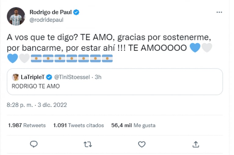La respuesta de Rodrigo De Paul al sensual posteo de Tini en las redes