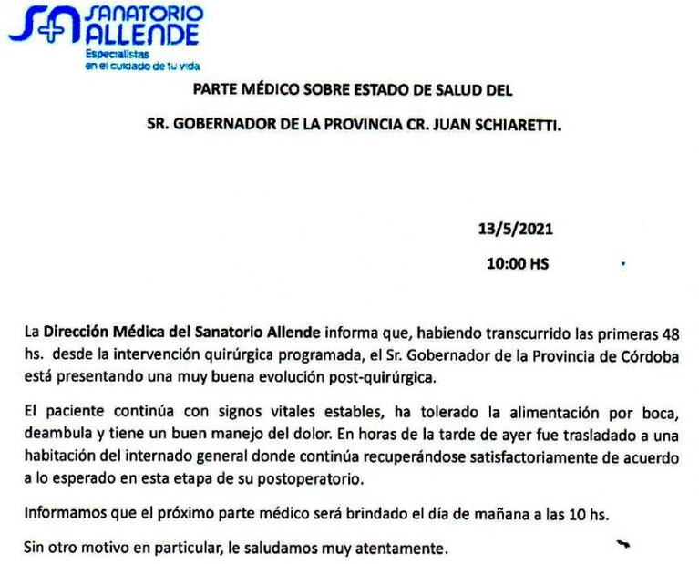 La salud de Schiaretti tras la operación: “tiene buen manejo del dolor” y está en sala común