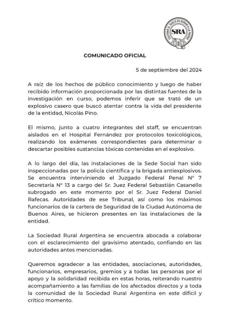 La Sociedad Rural emitió un comunicado tras el atentado.