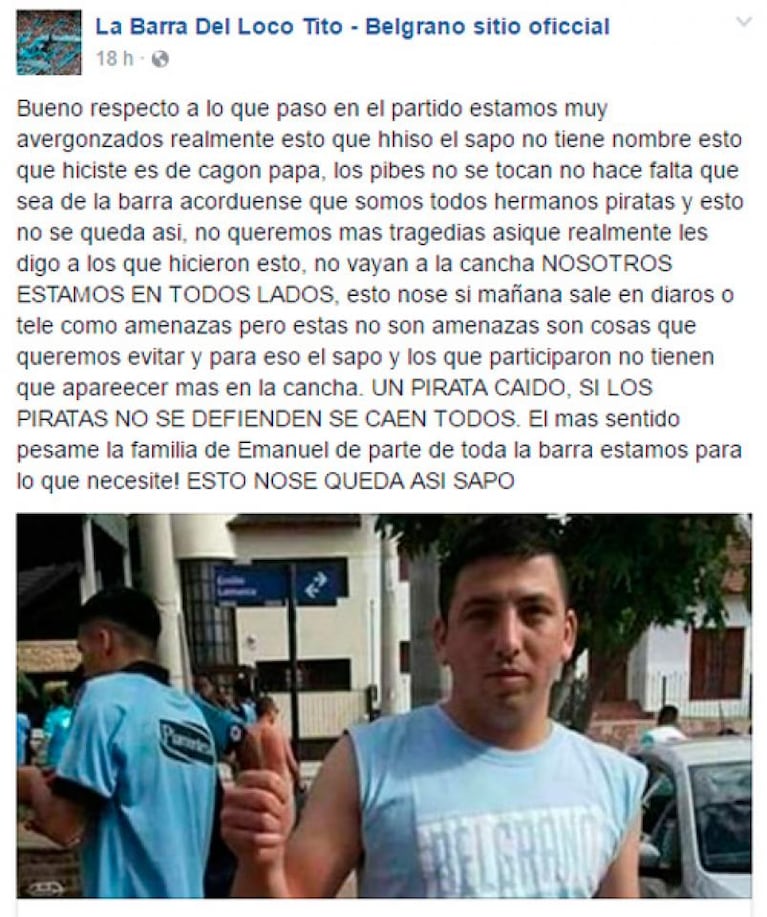 La supuesta amenaza de la barra de Belgrano tras la muerte del hincha