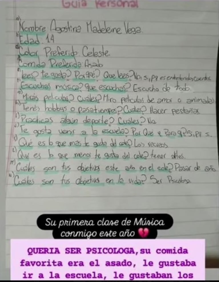La tarea escolar de Agostina que reveló un profesor de Música.