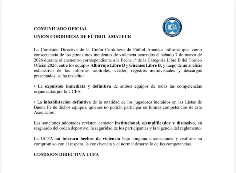 La Ucfa decidió expulsar al equipo de Matías Suárez por la pelea del pasado fin de semana.