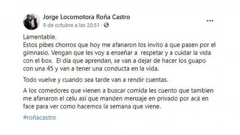 La violenta reacción de Roña Castro con un ladrón: “Lo cagué bien a trompadas”