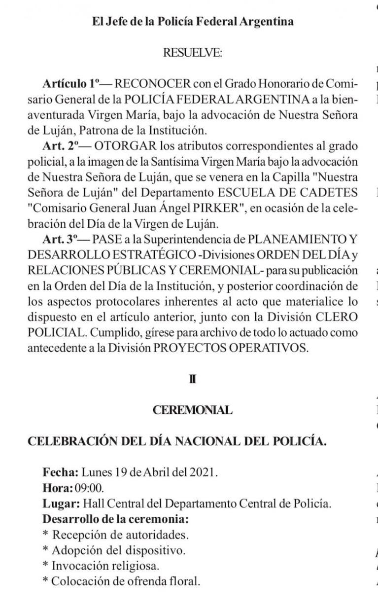 La Virgen de Luján será nombrada "comisaria general" de la Policía Federal Argentina