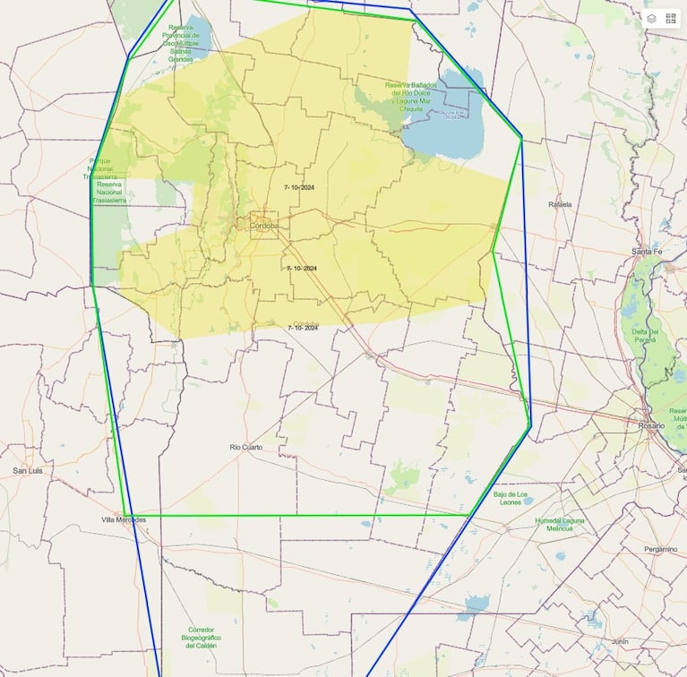 La zona pintada de amarillo recibiría las lluvias más importantes el próximo lunes. Fuente: @meteorafa