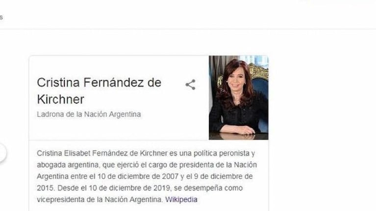 "Ladrona de la Nación Argentina": la explicación de Google sobre la calificación a Cristina Kirchner