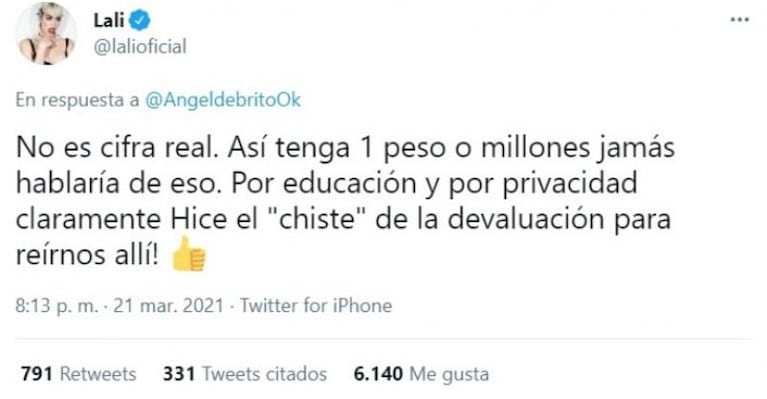 Lali Espósito salió a explicar su frase: "20 millones de pesos de m..., devaluados, que no sirven"