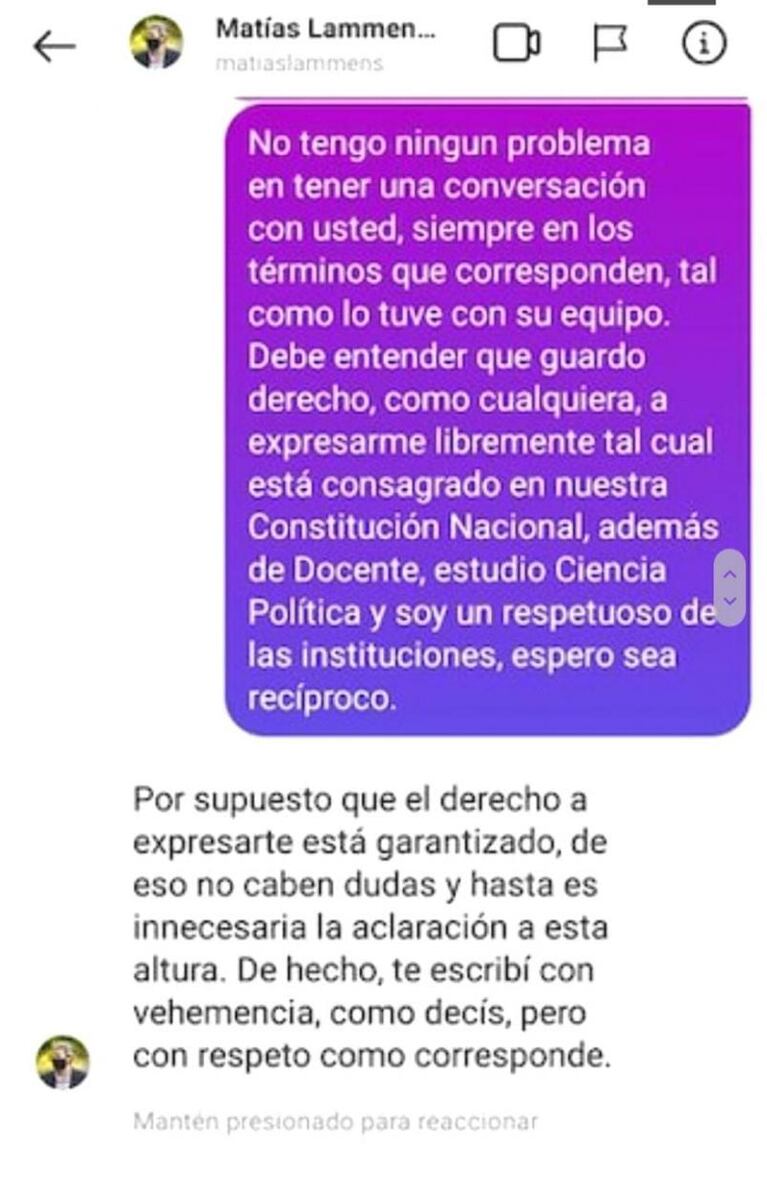 Lammens increpó a un docente que se quejó por el PreViaje: "Te burlaste de mi apellido"