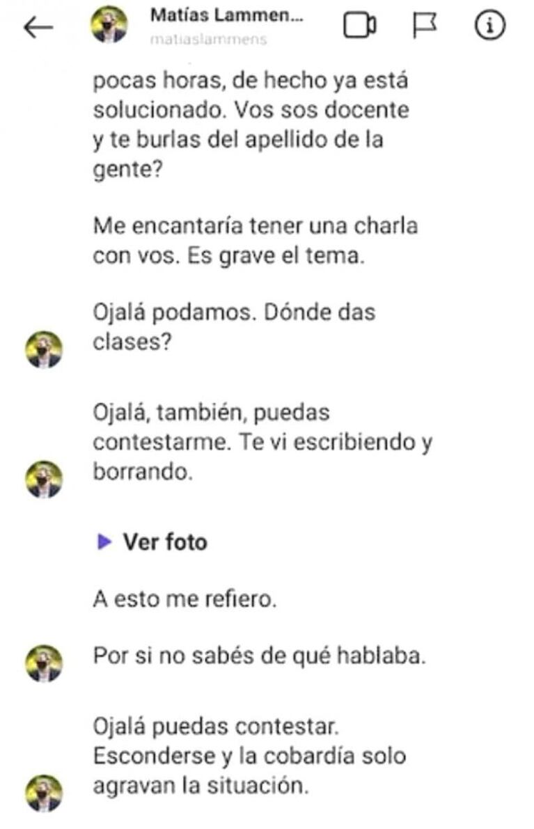 Lammens increpó a un docente que se quejó por el PreViaje: "Te burlaste de mi apellido"