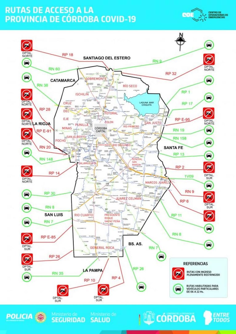 Las 16 rutas habilitadas para ingresar a la provincia de Córdoba