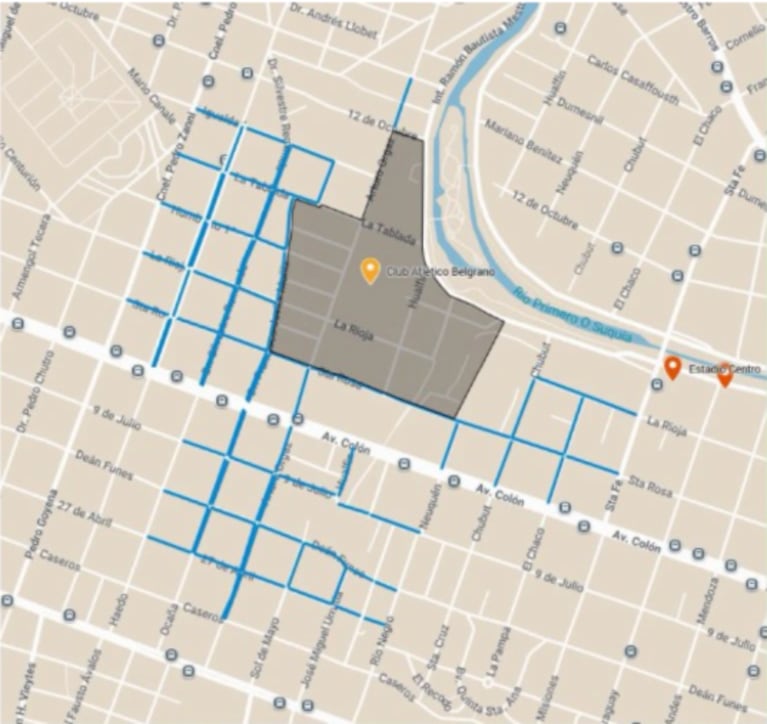 Las calles alrededor de la cancha de Belgrano donde aplicará el estacionamiento medido al 100%.