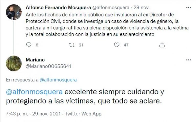 Las cuentas de Twitter que replican mensajes de Mosquera y el Ministerio de Seguridad