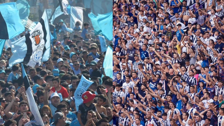 Las hinchadas de Belgrano y Talleres despliegan banderazos en la previa del clásico.