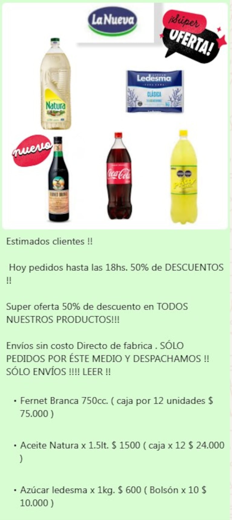 Las ofertas que ofrecían por WhatsApp.