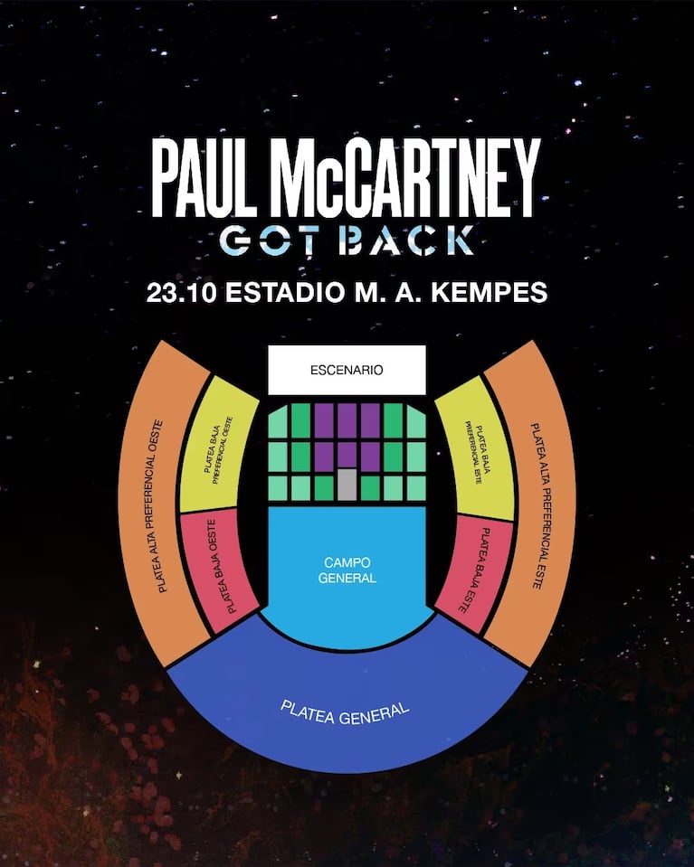 Las ubicaciones del show de Paul McCartney en el Kempes. 