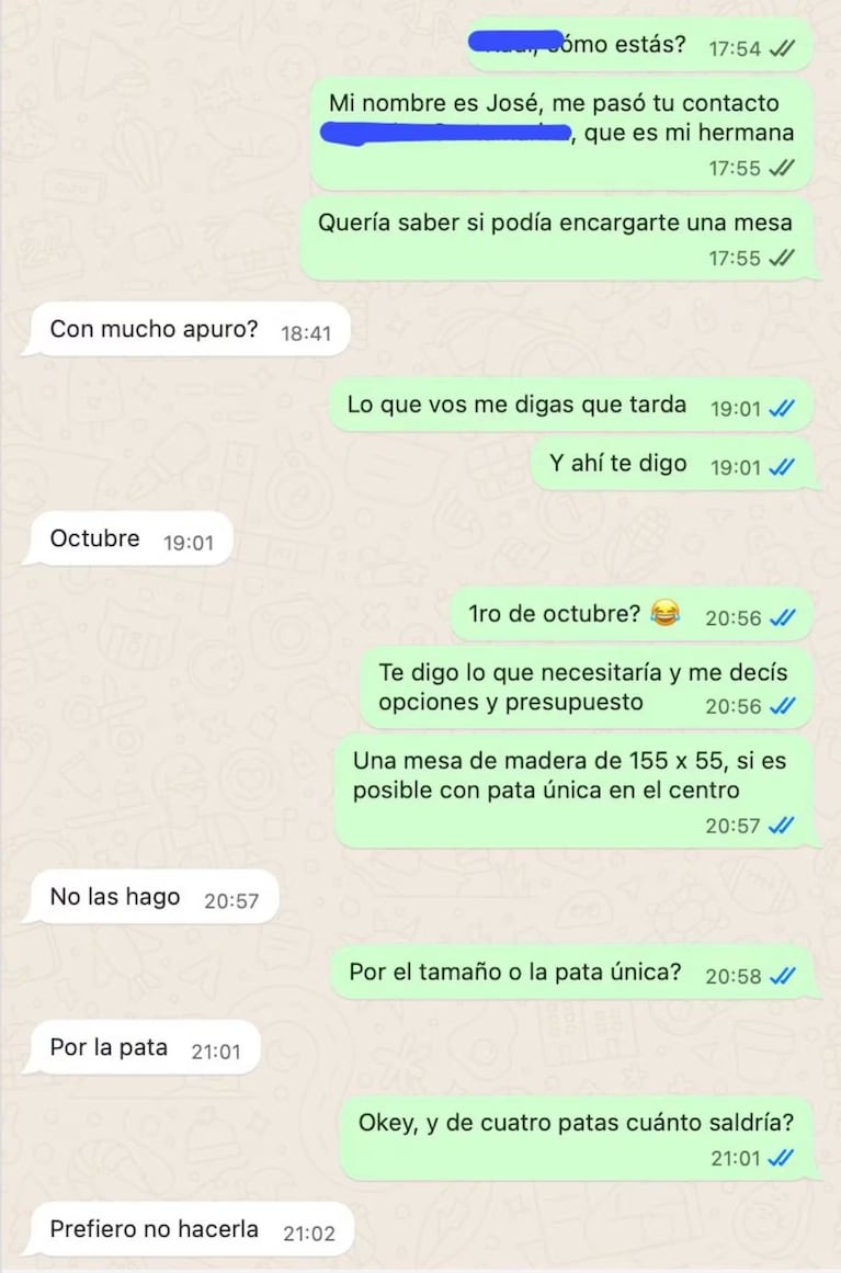 Le consultó a un carpintero por una mesa y recibió una impensada respuesta: el chat viral