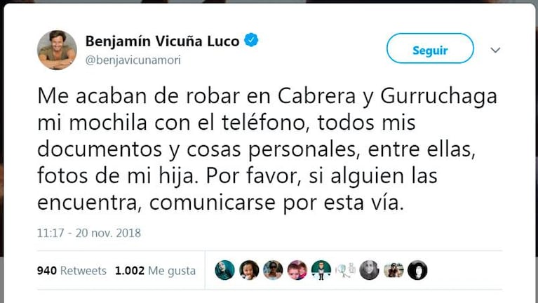 Le robaron a Benjamín Vicuña: el desesperado pedido para recuperar recuerdos de su hija