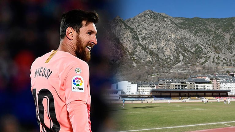 Lionel Messi y una postal del pequeño estadio del FC Andorra.