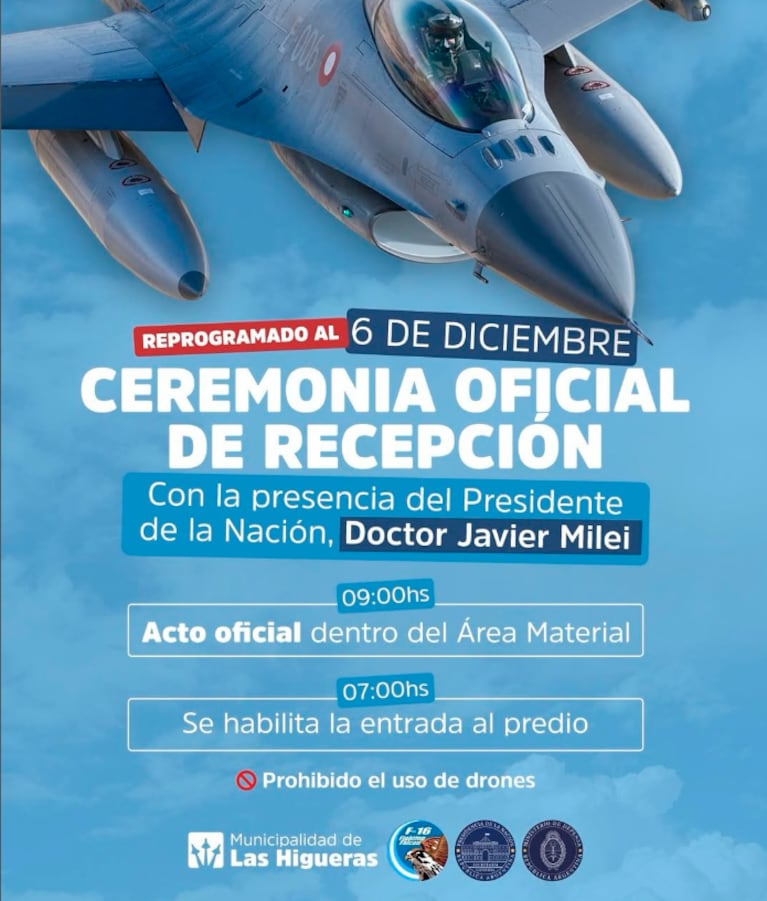 Llegan los aviones F-16 a Las Higueras y hay cambios para la presentación con la presencia de Milei