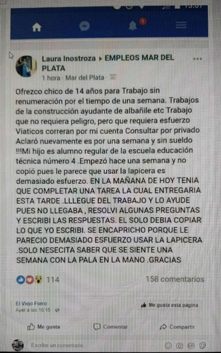 Lo ofreció para trabajar en la construcción porque no quería hacer la tarea