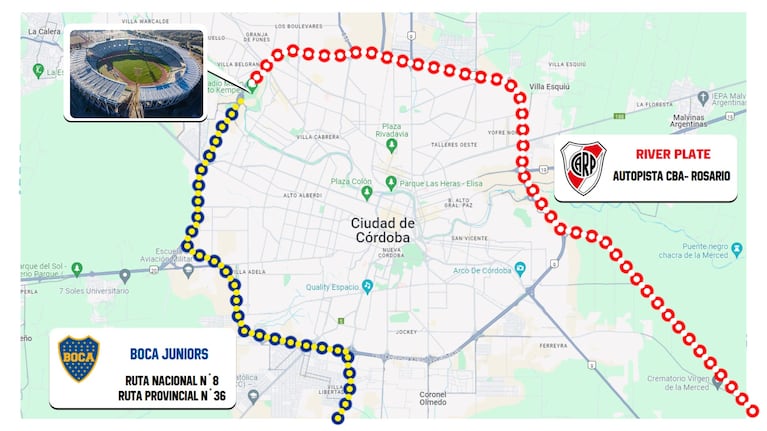 Los accesos de las hinchadas de Boca y River al estadio Kempes.