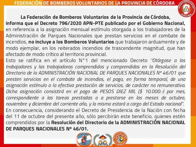 Los Bomberos Voluntarios de Córdoba no recibirán el bono del Gobierno Nacional
