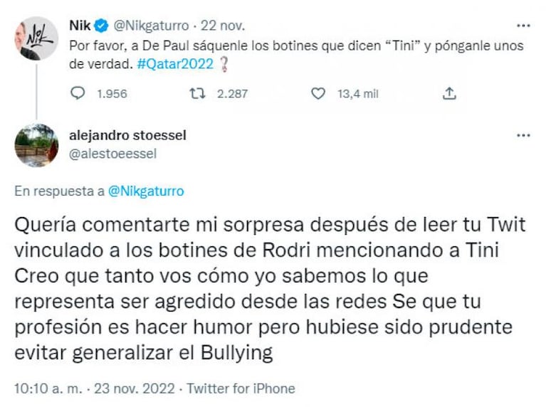 Los botines de De Paul y la derrota de la Selección: el papá de Tini se hartó del bullying a su hija