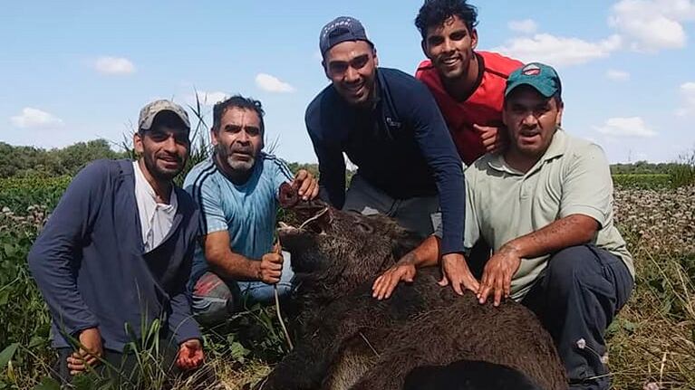 Los "cazadores" posaron junto al animal muerto.