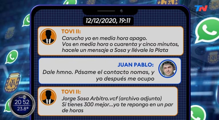 Los chats entre "Tovi II" -quien sería Pablo Toviggino- y Juan Pablo Beacon, su ex mano derecha en la AFA. (Foto: TN)