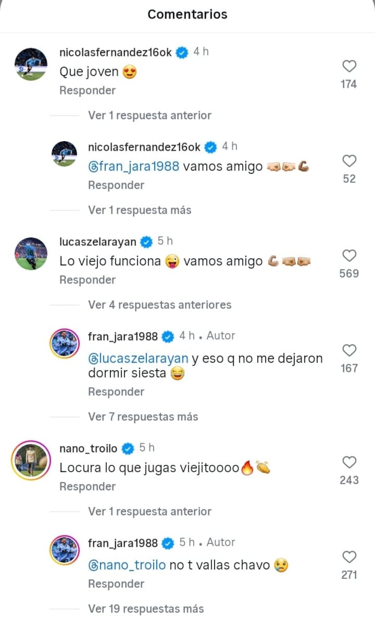 Los comentarios de los jugadores de Belgrano al posteo de Jara.