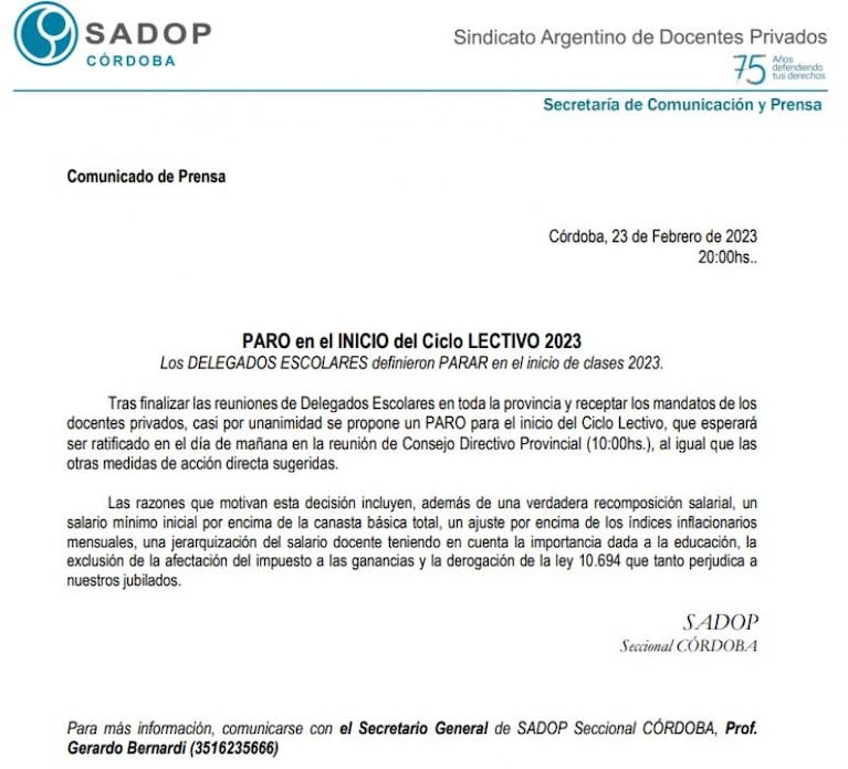 Los docentes de colegios privados adhirieron al paro y tampoco darán clases el lunes