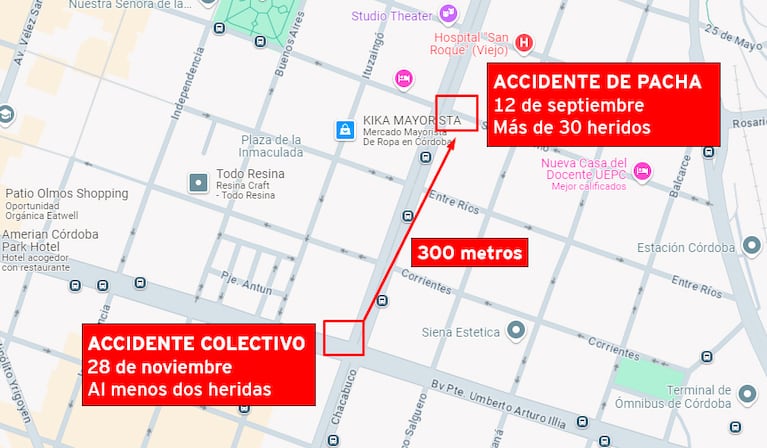 Los dos accidentes, con tres cuadras de diferencia entre sí.