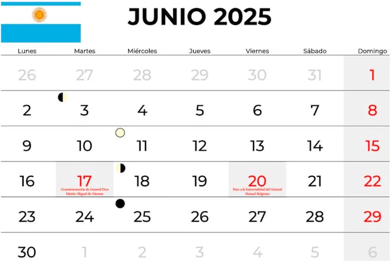 Los feriados en el calendario de junio 2025.