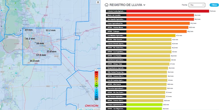 Los lugares de Córdoba donde más llovió el lunes.