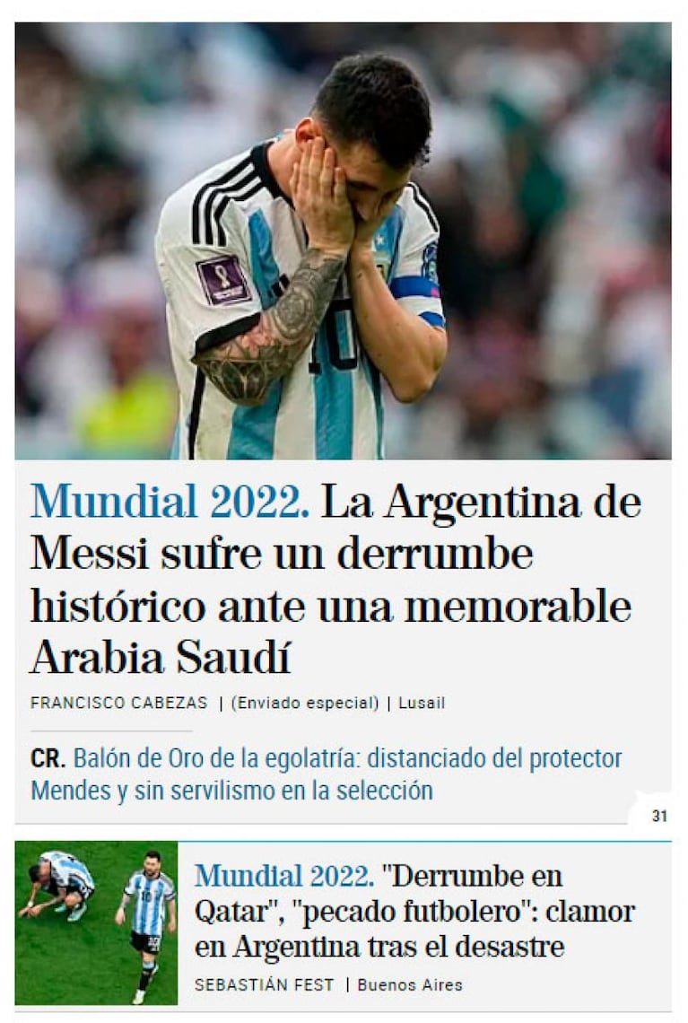 Los medios del mundo, lapidarios tras la derrota de Argentina frente a Arabia Saudita