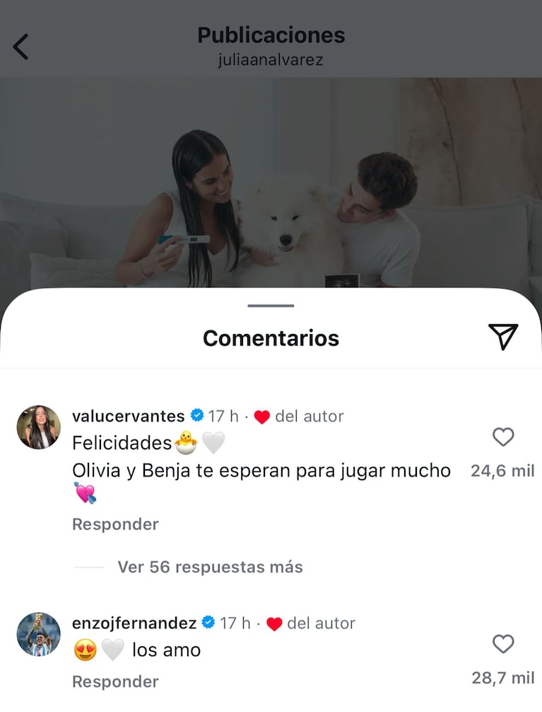 Los mensajes de Enzo y Valu para Julián y Emilia Ferrrro en Instagram.