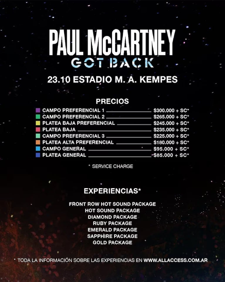 Los precios de Paul McCartney en el kempes.