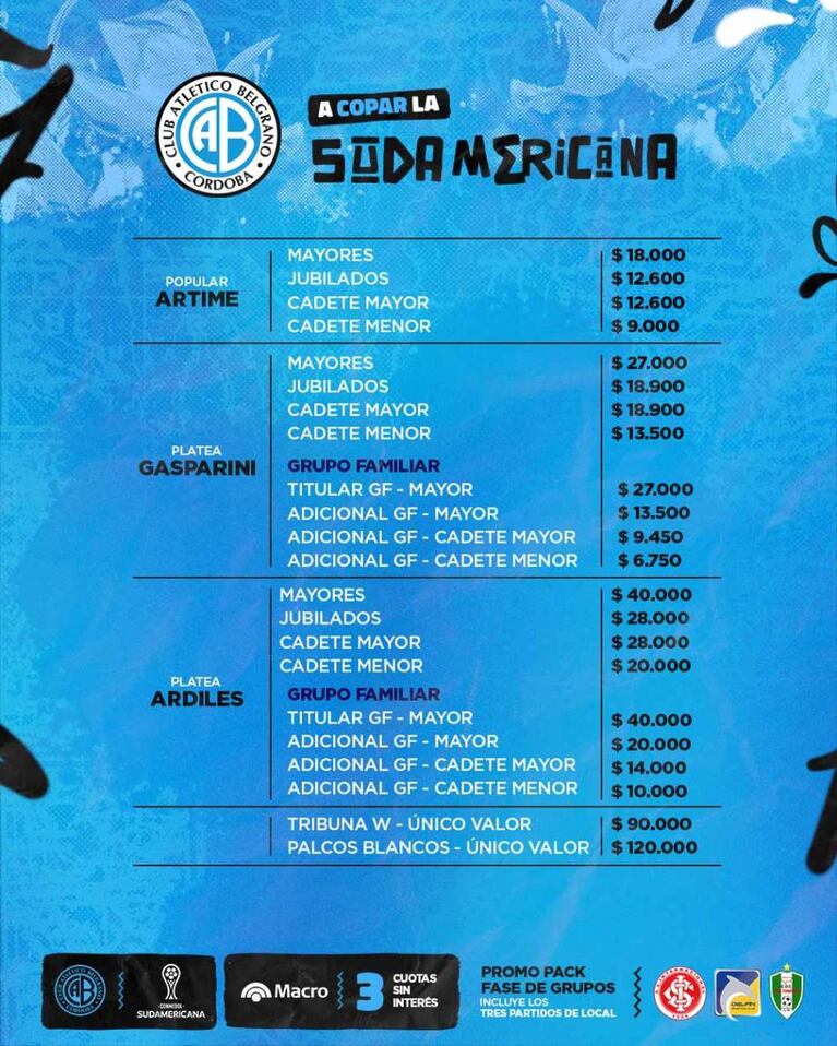 Los precios para ver a Belgrano en el Kempes por la Copa Sudamericana