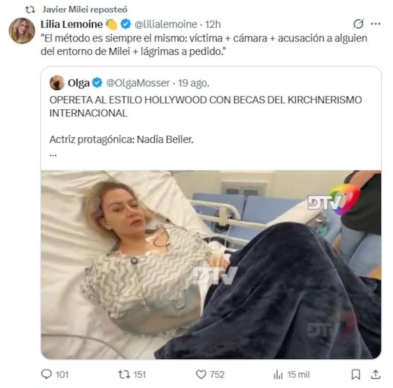 Los reposteos de Javier Milei sobre el caso Cerimedo. (Foto: captura X)