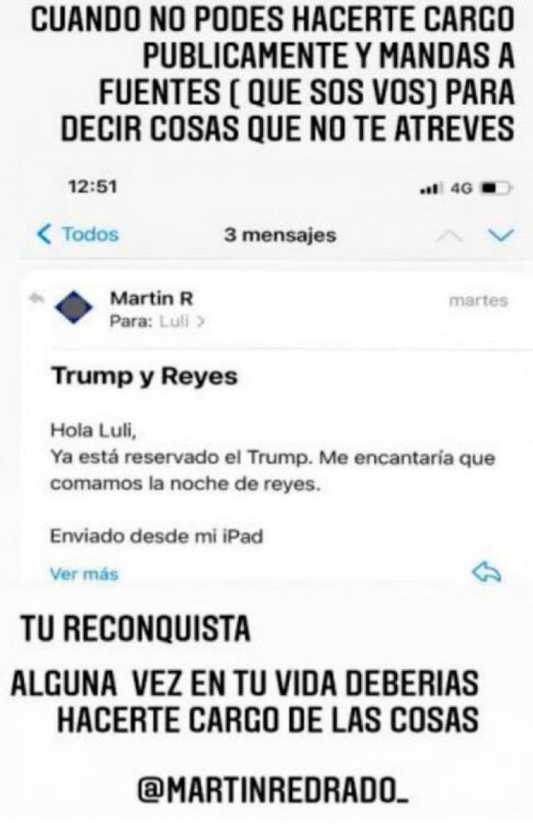 Luciana Salazar aseguró que Redrado se separó de su novia por ella y mostró un mail privado