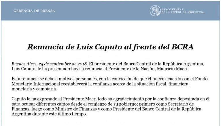Luis Caputo renunció como presidente del Banco Central