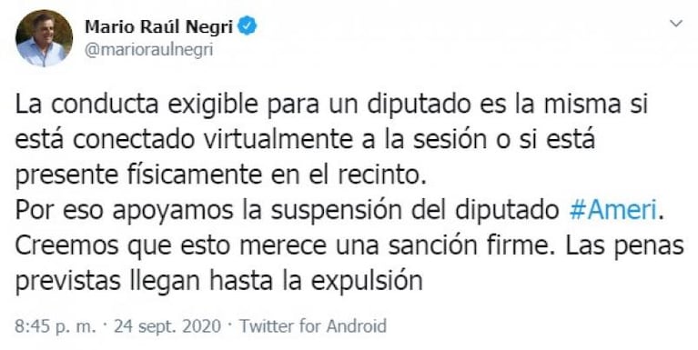 Luis Juez repudió el juego sexual del diputado Ameri en vivo: "Hay que echarlo como a un perro"